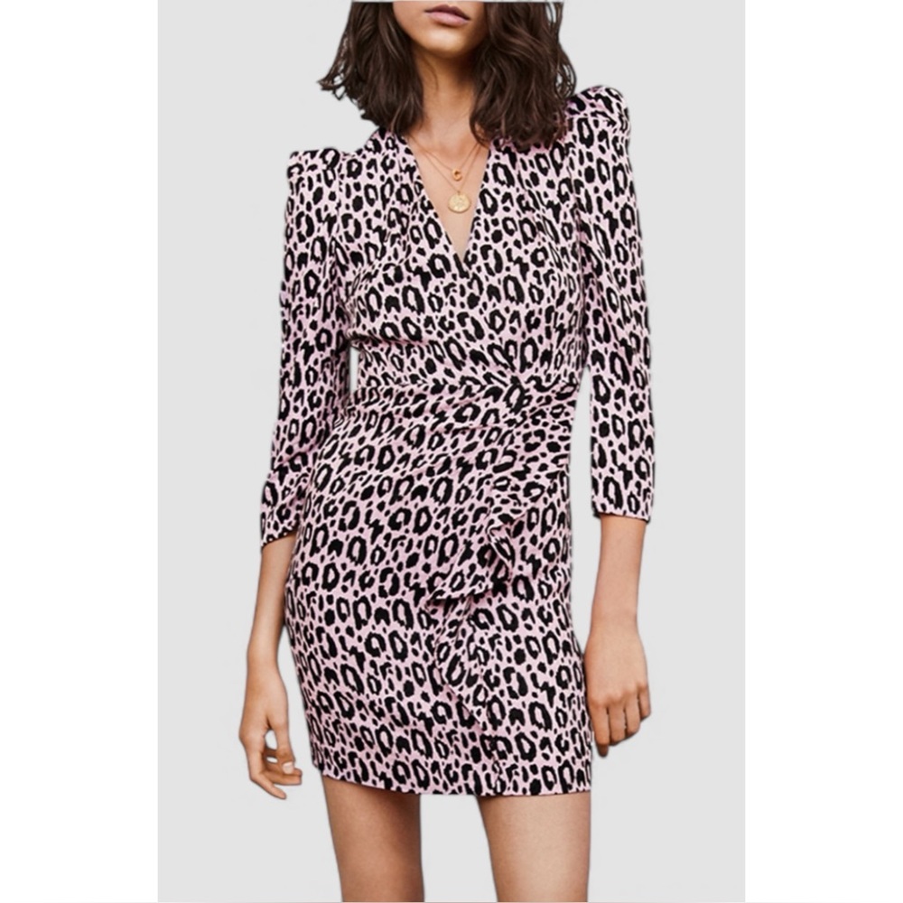 MAJE | NEW! $375 Ripanta Wrap-Effect Leopard Print Mini Dress in Pink, Size FR40
